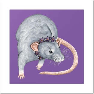Grey Rat with Flower Headband Posters and Art